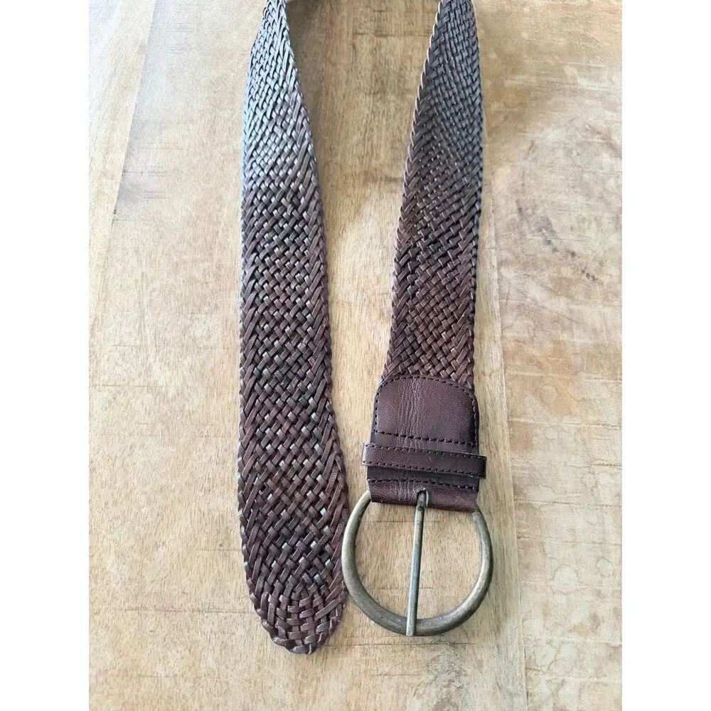 Garner Hill Genuine Leather Woven Belt Brown Wide Boho Western Round Buckle Size